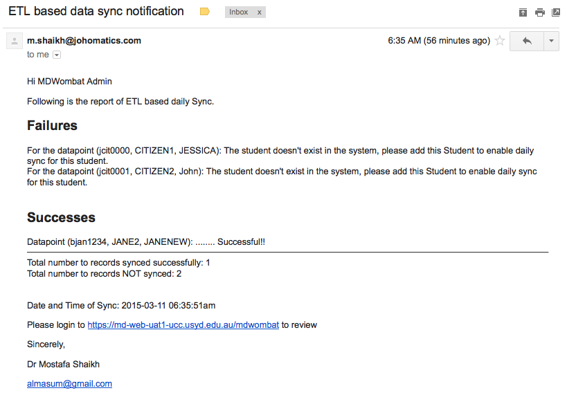 Sample Email - ETL Result Notification